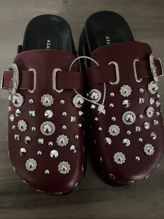 Azalea Wang Shoes - Embellished Burgundy Slip-On Clogs with Buckle Detail